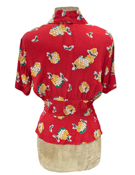 Candy Red Honey Bees Betty Button Blouse