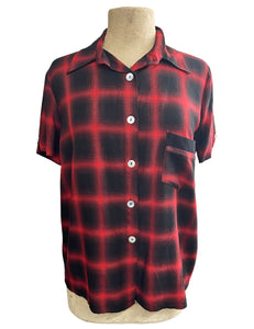 Rayon Black & Red Buffalo Plaid Button Up Boyfriend Camp Shirt
