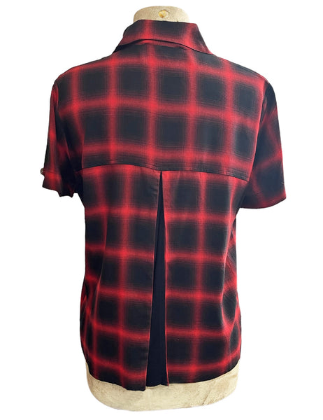 Rayon Black & Red Buffalo Plaid Button Up Boyfriend Camp Shirt