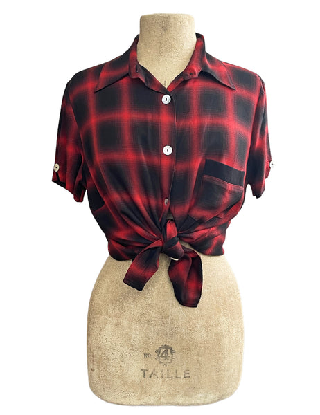 Rayon Black & Red Buffalo Plaid Button Up Boyfriend Camp Shirt