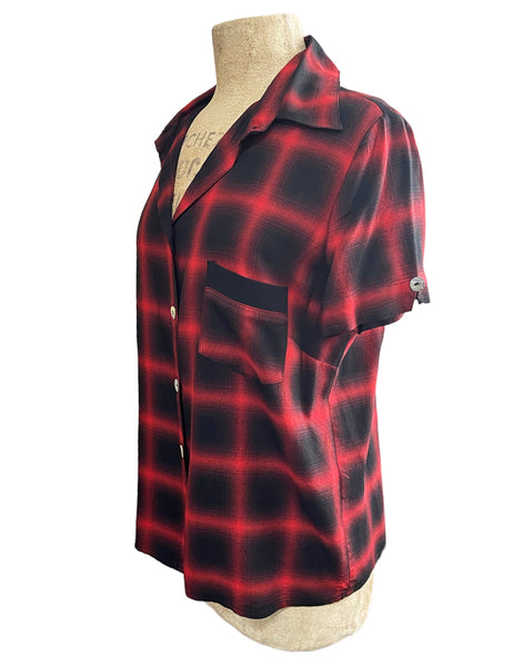 Rayon Black & Red Buffalo Plaid Button Up Boyfriend Camp Shirt