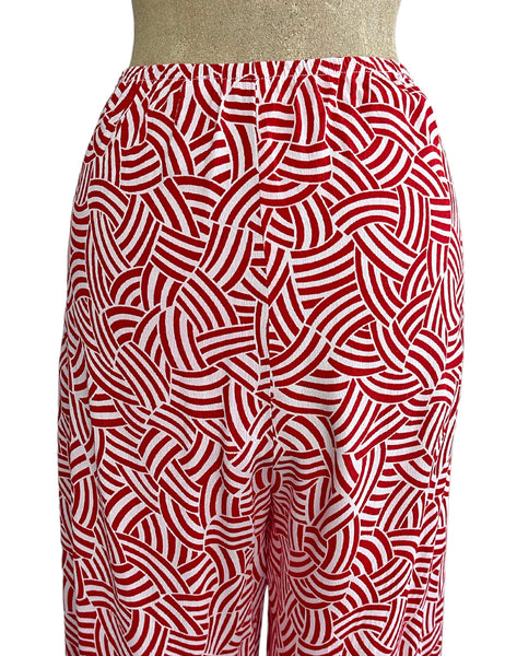 Red & White Deco Waves 1930s Style High Waisted Palazzo Pants