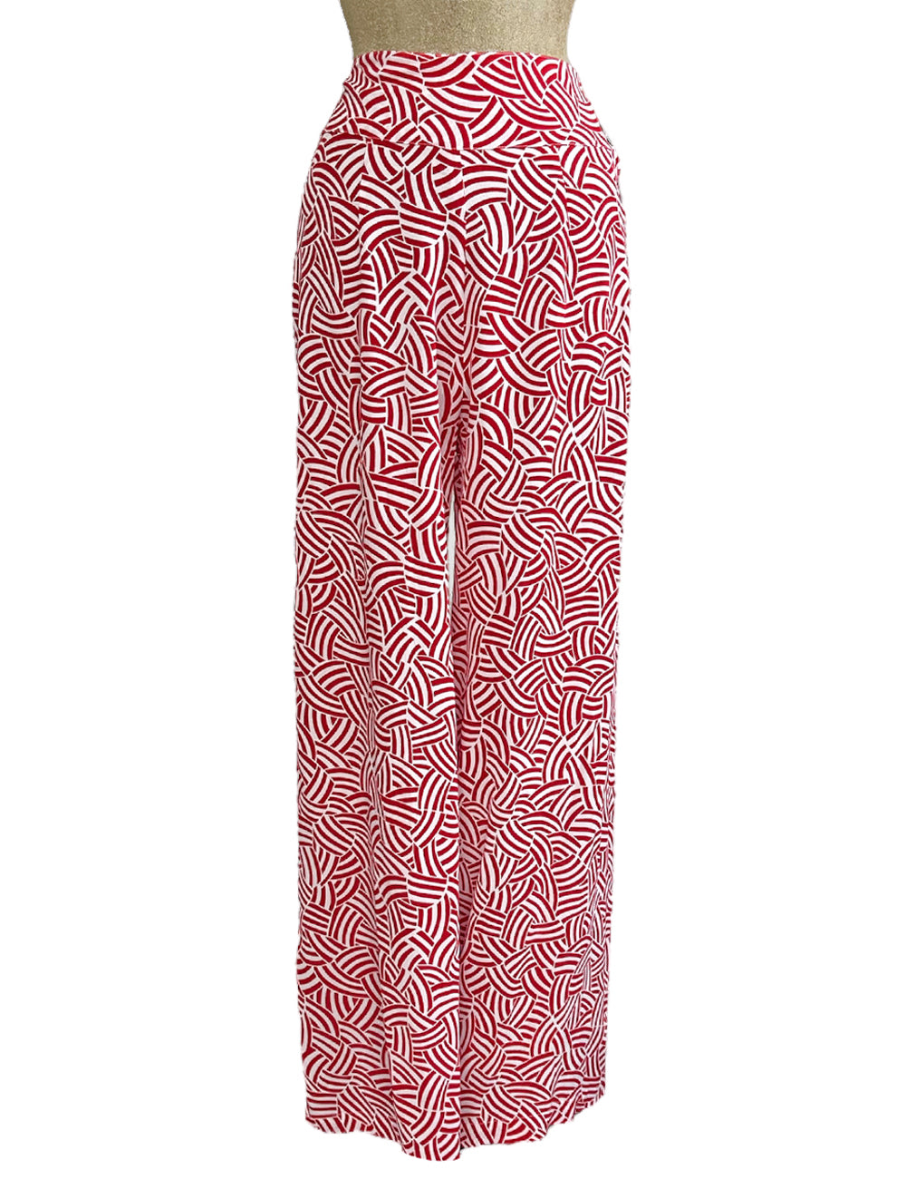 Red & White Deco Waves 1930s Style High Waisted Palazzo Pants