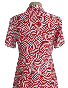 Red Deco Waves Short Sleeve 1940s Style Tea Length Day Dress