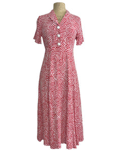 Red Deco Waves Short Sleeve 1940s Style Tea Length Day Dress