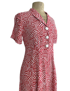 Red Deco Waves Short Sleeve 1940s Style Tea Length Day Dress