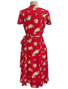 Candy Red Honey Bee Print Vintage Style Biasa Wrap Dress