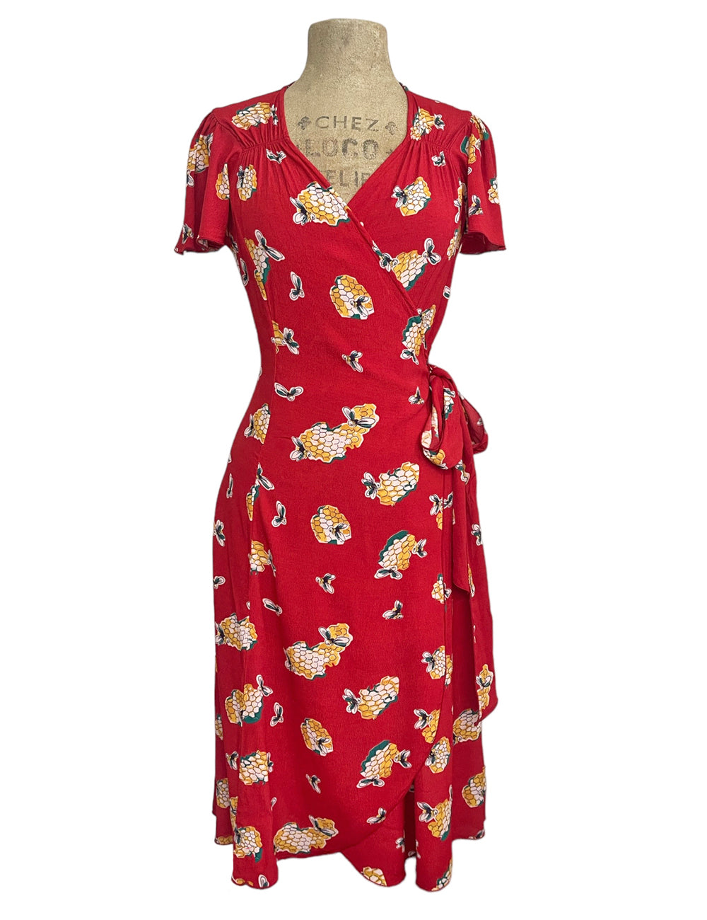 Candy Red Honey Bee Print Vintage Style Biasa Wrap Dress