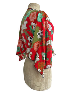Red Tiki Garden Print Cotton Angel Wing Crop Tie Top