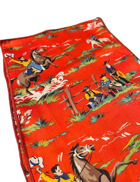 Silk Charmeuse Red Western Print Skinny Scarf