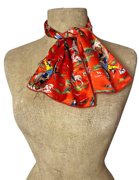 Silk Charmeuse Red Western Print Skinny Scarf