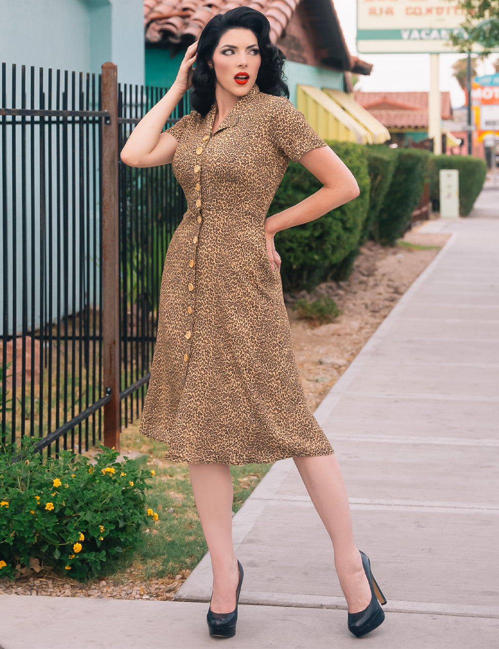 Leopard Print Button Front Retro Margie Dress