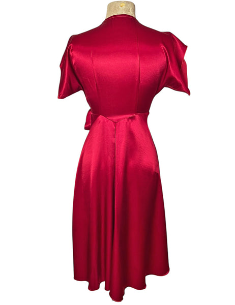 Ruby Red Satin 1940s Style Cascade Wrap Dress