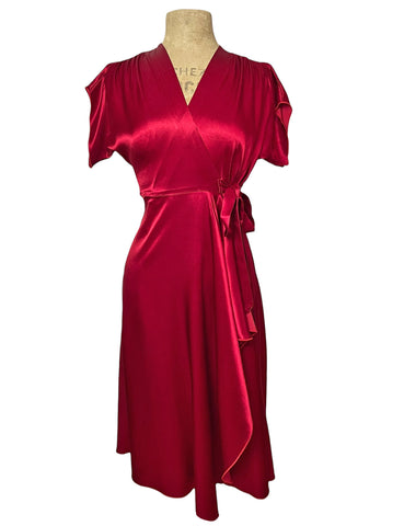 Ruby Red Satin 1940s Style Cascade Wrap Dress