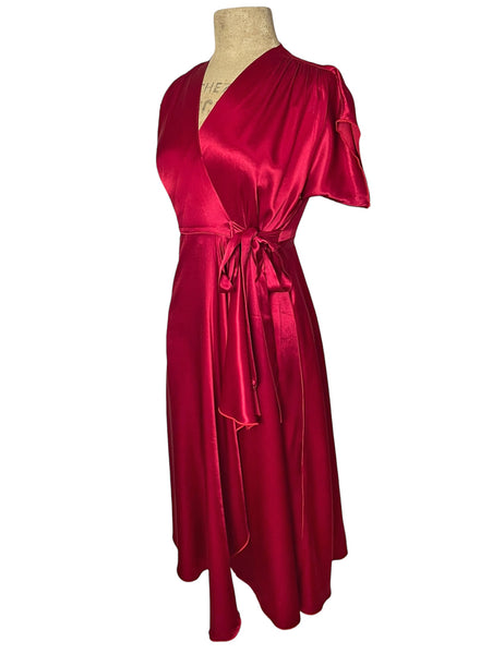Ruby Red Satin 1940s Style Cascade Wrap Dress