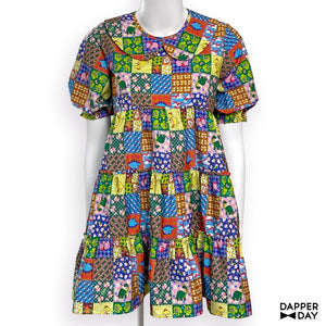 'Prehistoric Patchwork' Prairie Mini Dress in Cotton