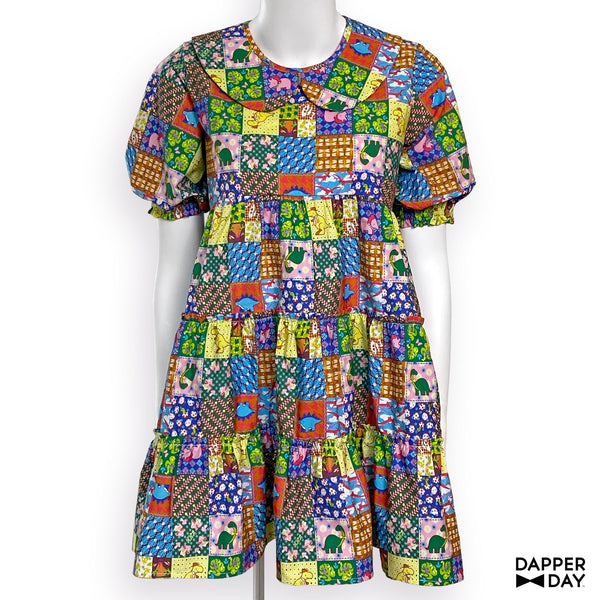 'Prehistoric Patchwork' Prairie Mini Dress in Cotton