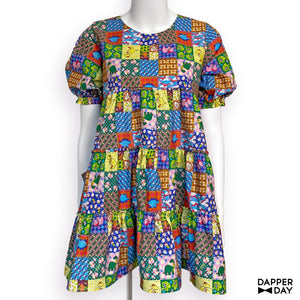 'Prehistoric Patchwork' Prairie Mini Dress in Cotton