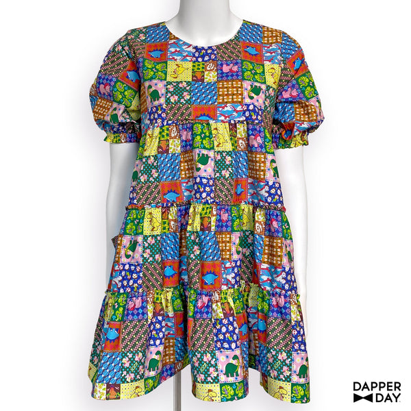 'Prehistoric Patchwork' Prairie Mini Dress in Cotton