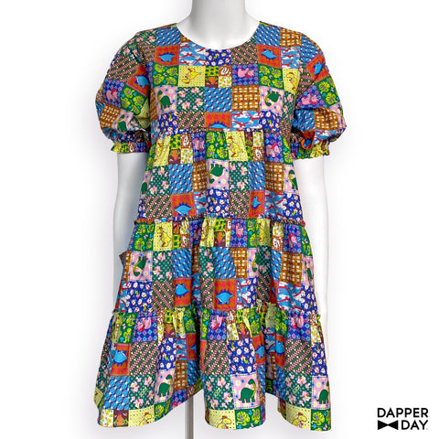 'Prehistoric Patchwork' Prairie Mini Dress in Cotton