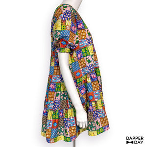 'Prehistoric Patchwork' Prairie Mini Dress in Cotton