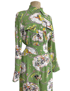 PREORDER - Sage Green Vintage Western Print Long Sleeved Snap Blouse