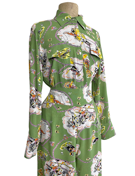 PREORDER - Sage Green Vintage Western Print Long Sleeved Snap Blouse