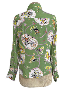 PREORDER - Sage Green Vintage Western Print Long Sleeved Snap Blouse