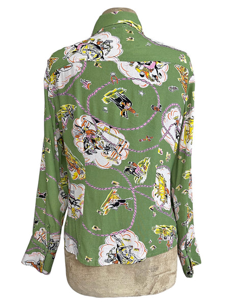 PREORDER - Sage Green Vintage Western Print Long Sleeved Snap Blouse