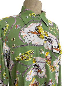PREORDER - Sage Green Vintage Western Print Long Sleeved Snap Blouse