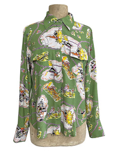 PREORDER - Sage Green Vintage Western Print Long Sleeved Snap Blouse