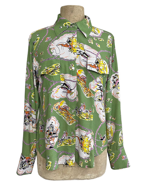 PREORDER - Sage Green Vintage Western Print Long Sleeved Snap Blouse