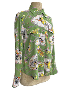 PREORDER - Sage Green Vintage Western Print Long Sleeved Snap Blouse