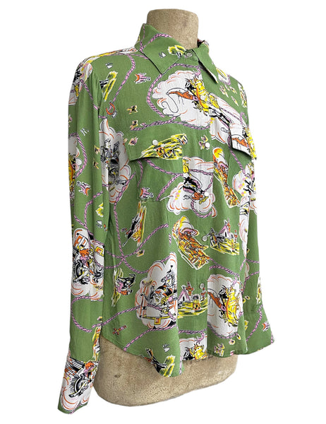 PREORDER - Sage Green Vintage Western Print Long Sleeved Snap Blouse