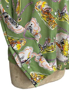 PREORDER - Sage Green Vintage Western Print Long Sleeved Snap Blouse
