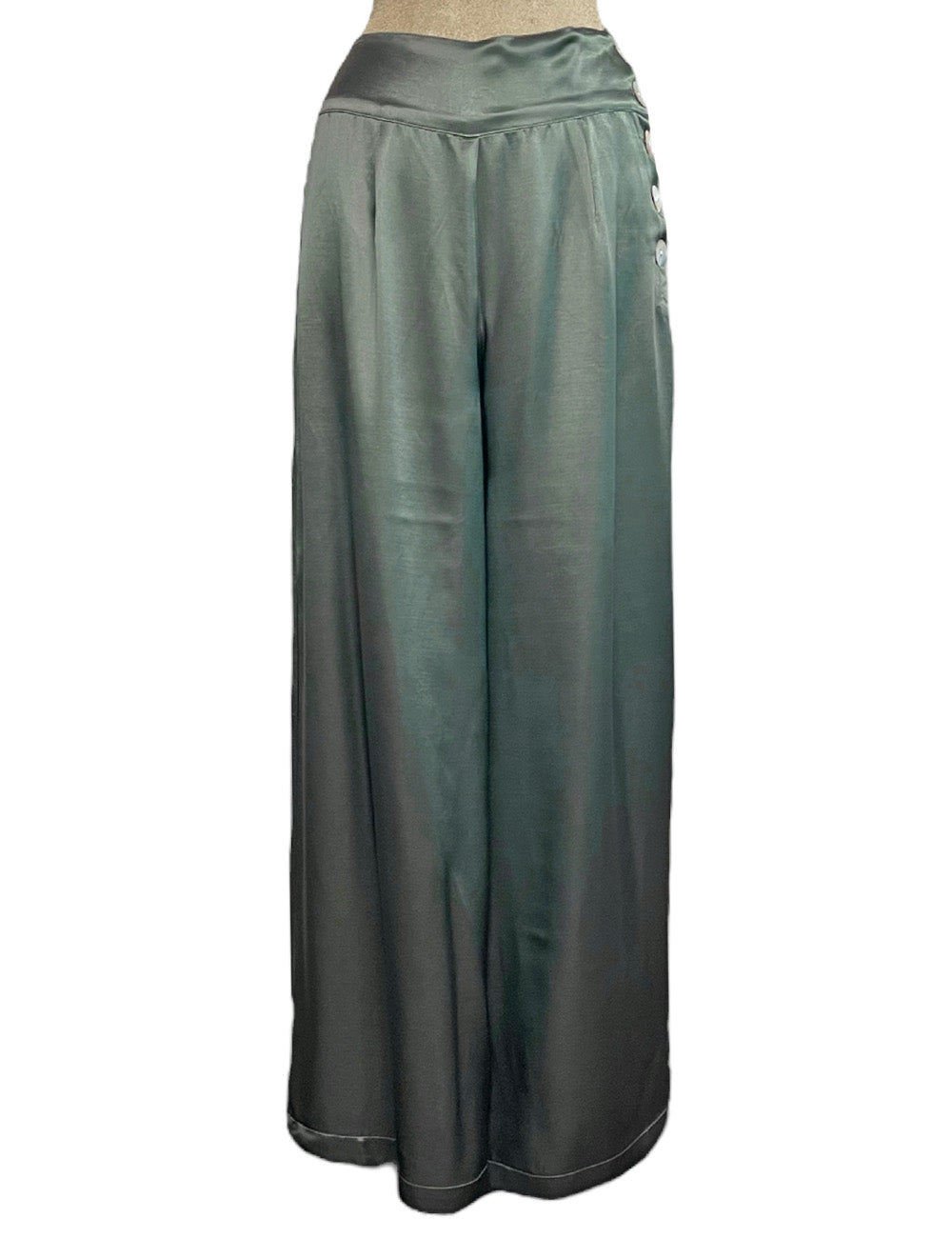 Green Satin 1930s Old Hollywood Style High Waisted Palazzo Pants