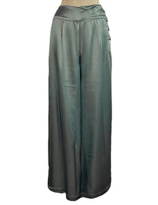 Green Satin 1930s Old Hollywood Style High Waisted Palazzo Pants