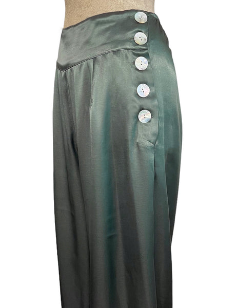 Green Satin 1930s Old Hollywood Style High Waisted Palazzo Pants