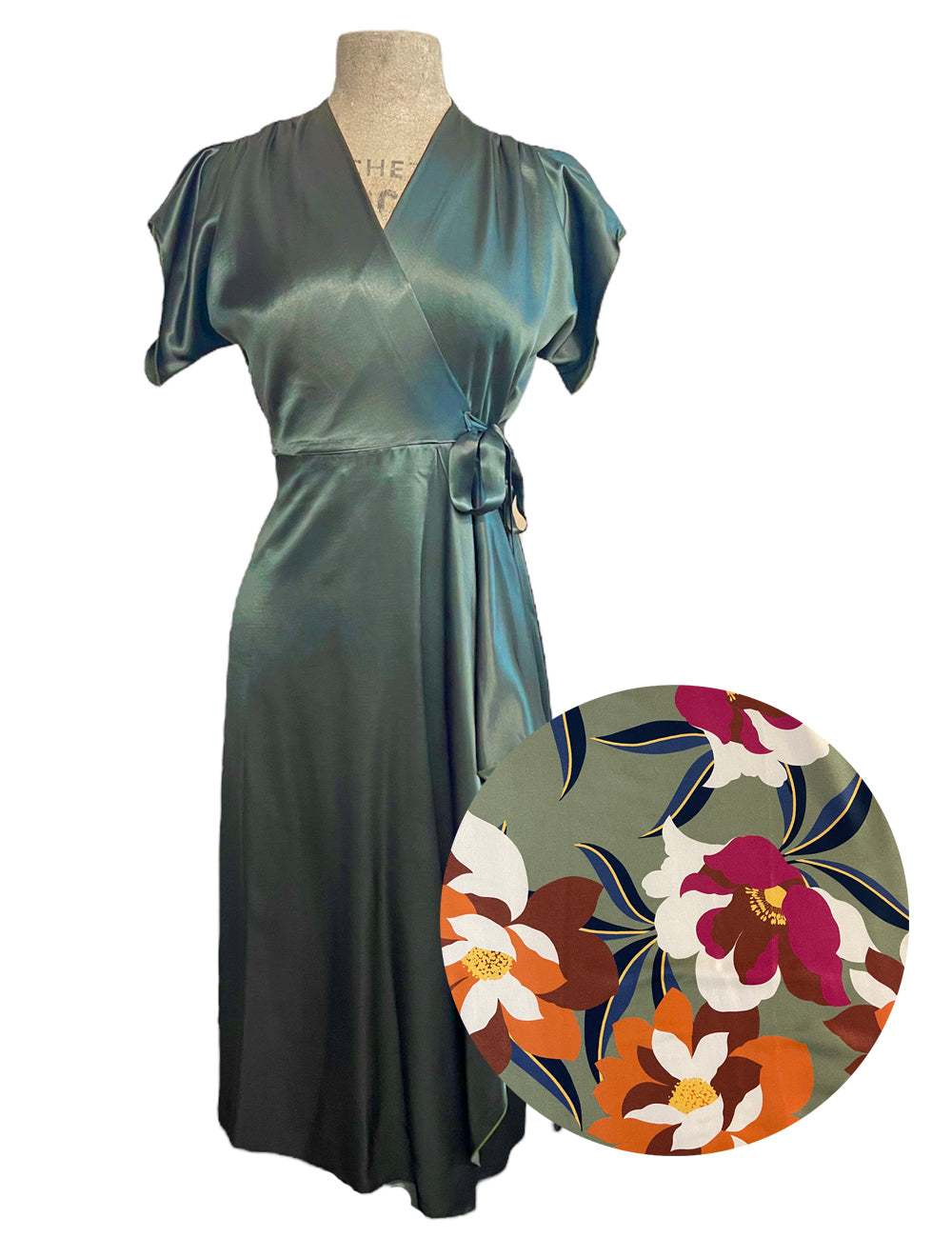PREORDER - Green Satin Floral Cascade Wrap Dress