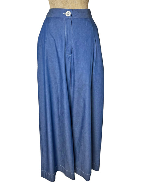 Scout Blue Cotton Chambray 1940s Wide Leg Trail Trouser Pant