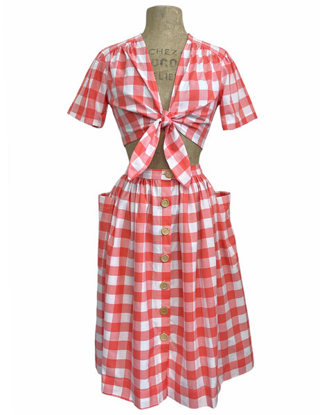 Scout Coral Pink Picnic Plaid Daisy 1940s Tie Top