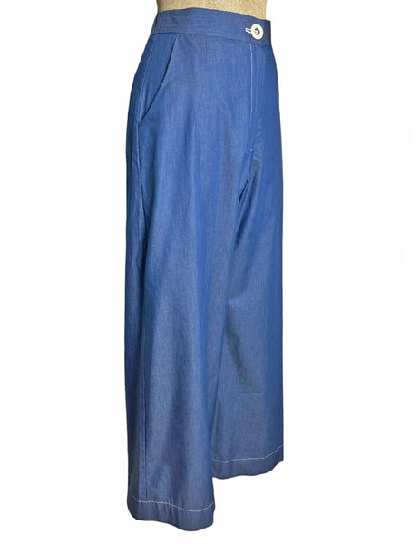 Scout Blue Cotton Chambray 1940s Wide Leg Trail Trouser Pant