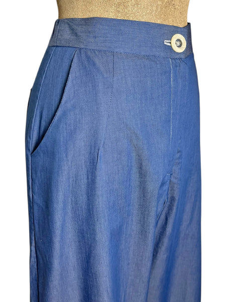 Scout Blue Cotton Chambray 1940s Wide Leg Trail Trouser Pant