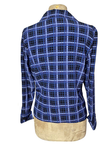 Shades of Blue Plaid 1940s Button Up Hepburn Blouse