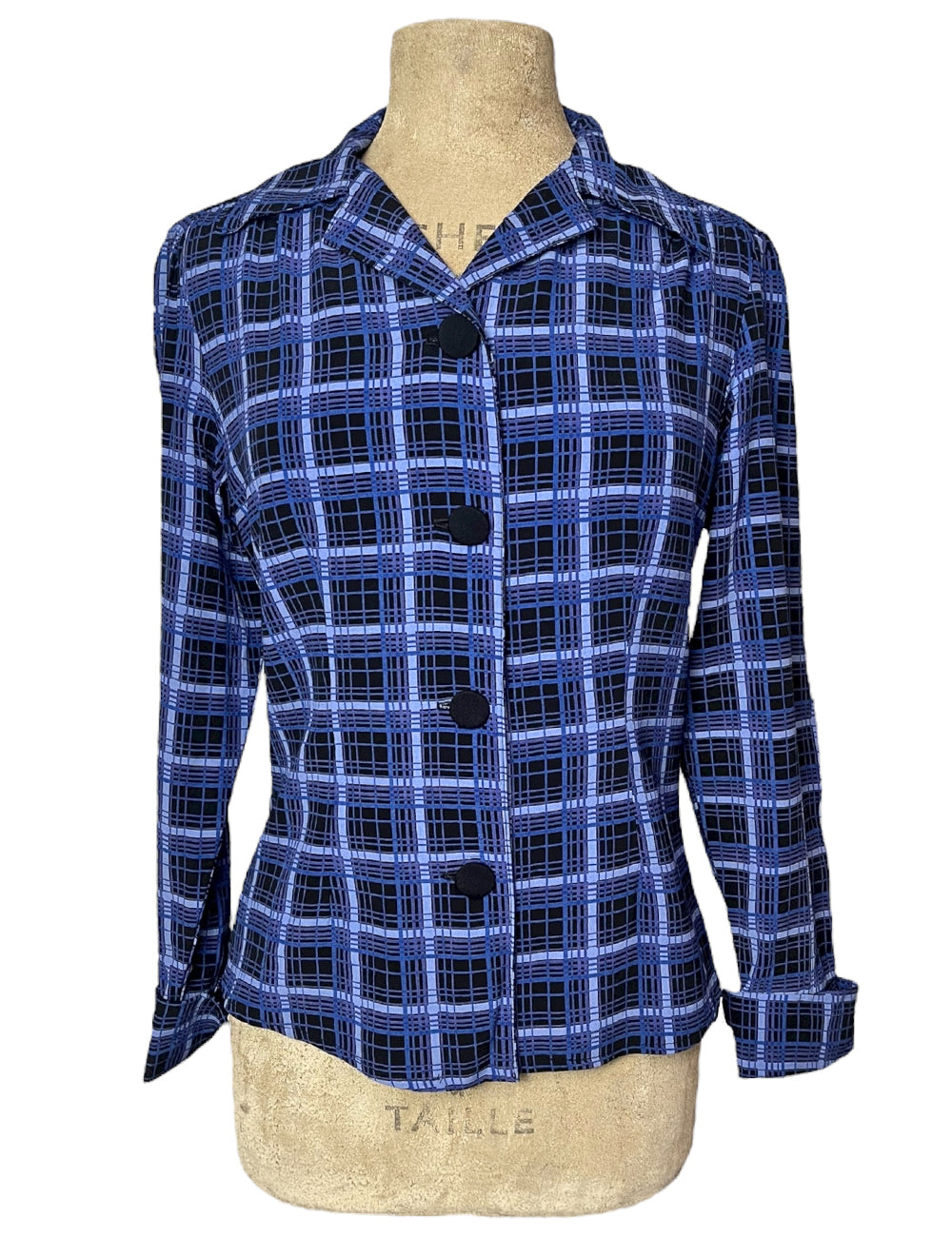 Shades of Blue Plaid 1940s Button Up Hepburn Blouse