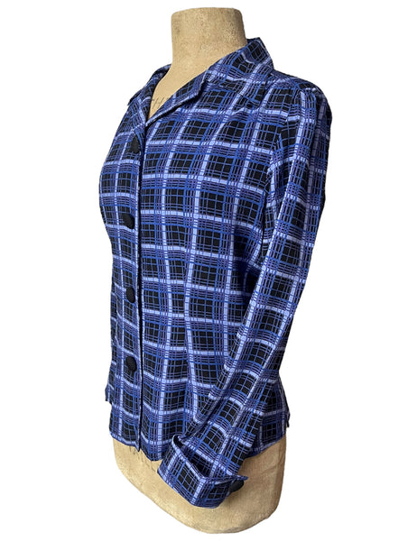 Shades of Blue Plaid 1940s Button Up Hepburn Blouse