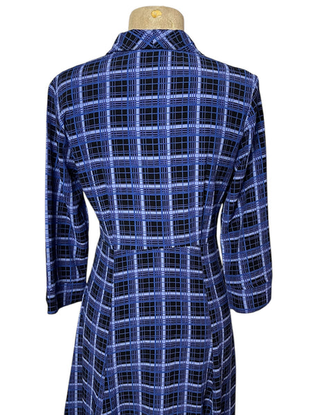 Shades of Blue Plaid 1940s Sleeved Vintage Day Dress
