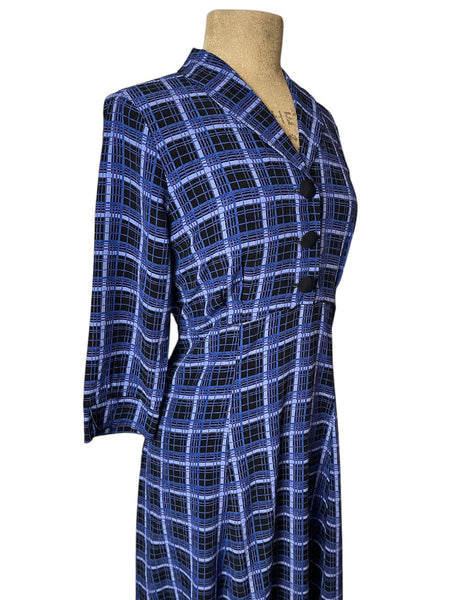 Shades of Blue Plaid 1940s Sleeved Vintage Day Dress