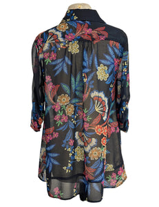 Black & Colorful Stitch Floral Sheer Button Up Hi-Low Blouse