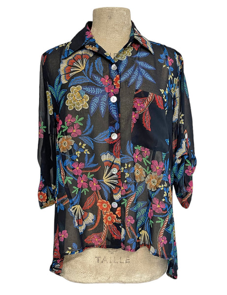 Black & Colorful Stitch Floral Sheer Button Up Hi-Low Blouse